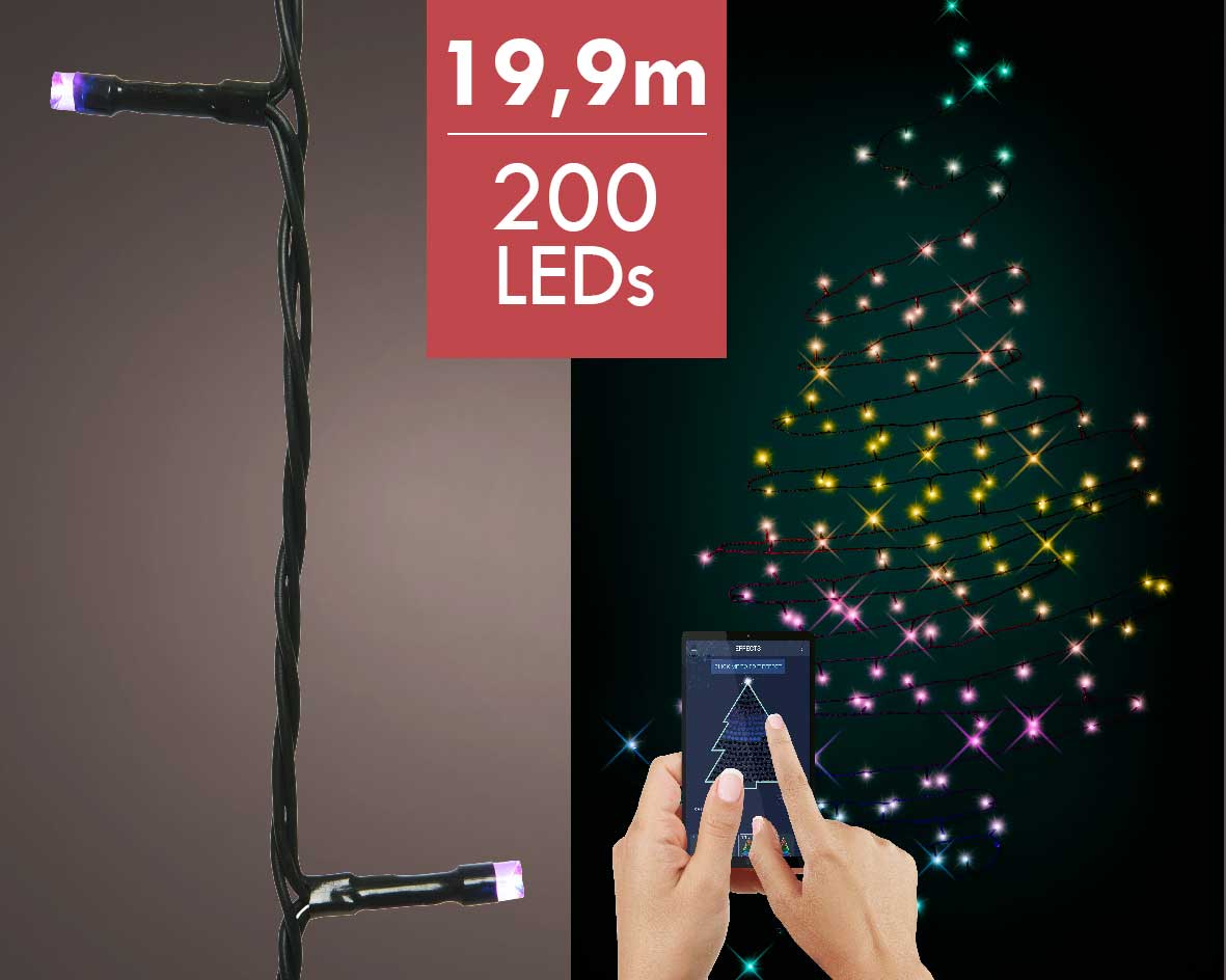 Slimme Kerstboomverlichting LED met app RGB-W -19,9m -200 lampjes -Ook geschikt voor buiten  -lichtkleur: Warm Wit, RGB, RGB + Warm wit -met stekker -
