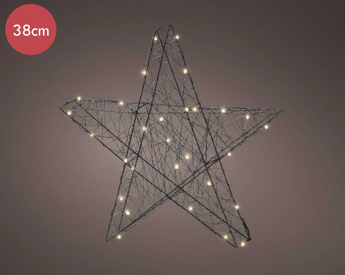 Metalen 3D kerstster zwart op batterij met 30 micro LED lampjes -38CM  -Ook geschikt voor buiten  -lichtkleur: Warm Wit -Werkt op batterijen -Met time