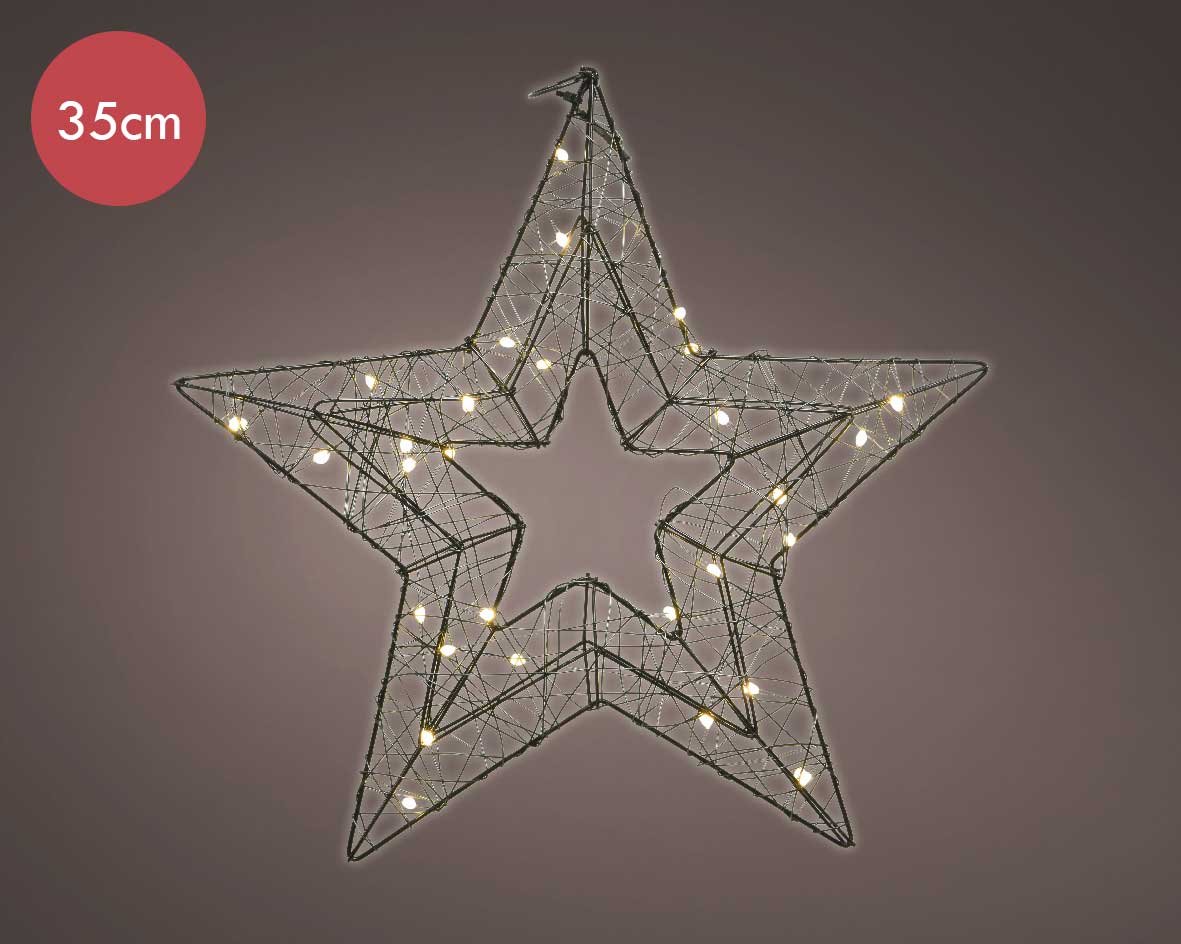 Metalen kerstster zwart op batterij met 30 micro LED lampjes -35CM  -Ook geschikt voor buiten  -lichtkleur: Warm Wit -Werkt op batterijen -Met timer f