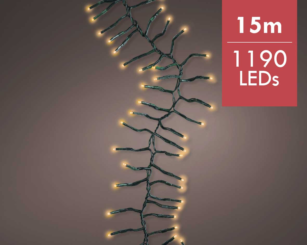 Kerstverlichting LED Cluster String 15M met 8 twinkel effecten -1190 lampjes -Ook geschikt voor buiten  -lichtkleur: Warm Wit -met stekker -Kerstdecor