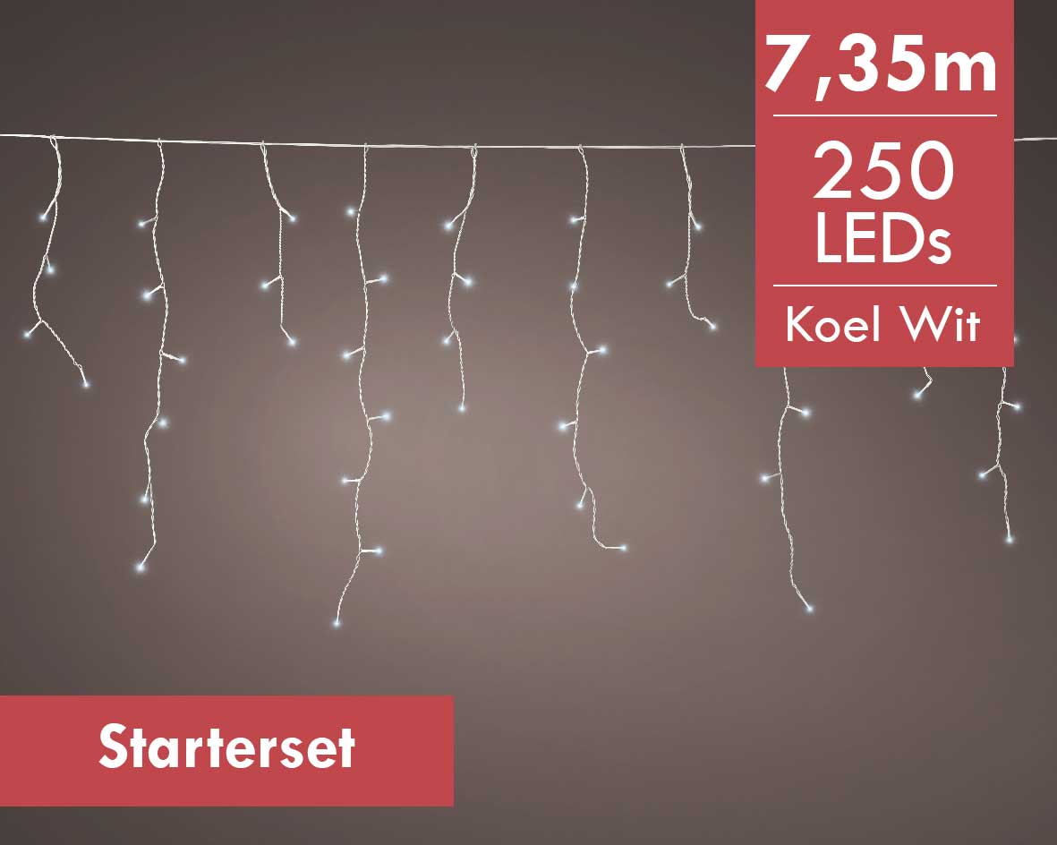 Koppelbare ijspegels LED -koel wit licht -7,35M -250 lampjes -div lichtstanden -Starterset met transformator -Ook geschikt voor buiten  -lichtkleur: W