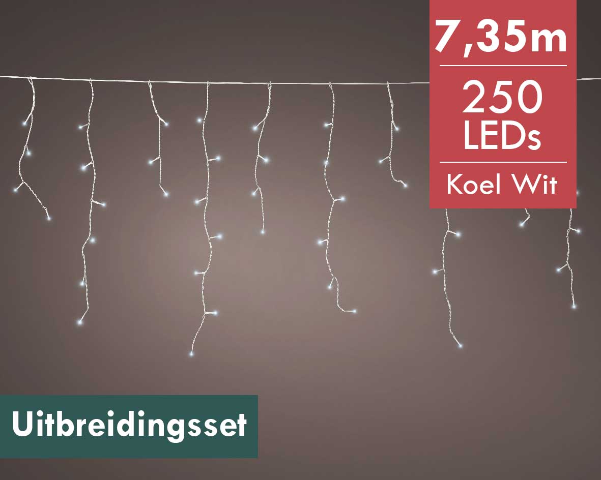 Koppelbare ijspegels LED -koel wit licht -7,35M -250 lampjes -Uitbreidingsset  -Ook geschikt voor buiten  -lichtkleur: Wit licht -met stekker -Kerstde