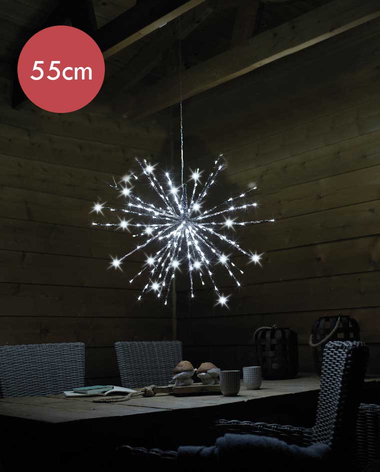 Kunststof poolster wit met 144 micro LED lampjes -Ø 55CM  -Ook geschikt voor buiten  -lichtkleur: Wit licht -met stekker -Kerstdecoratie