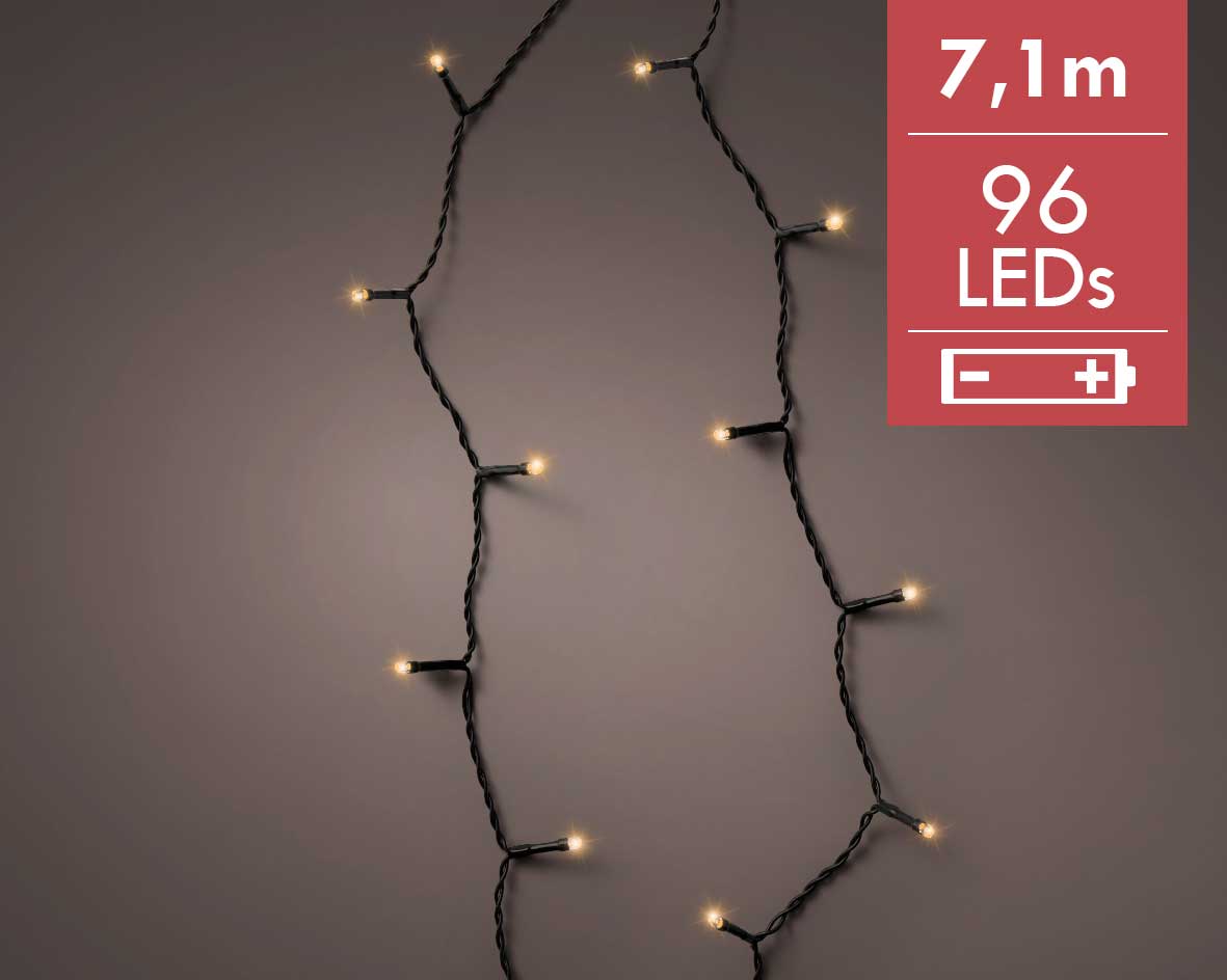 Kerstverlichting batterij LED durawise strings 7,1M -96 lampjes -div lichtstanden e -Ook geschikt voor buiten  -lichtkleur: Warm Wit -Werkt op batteri