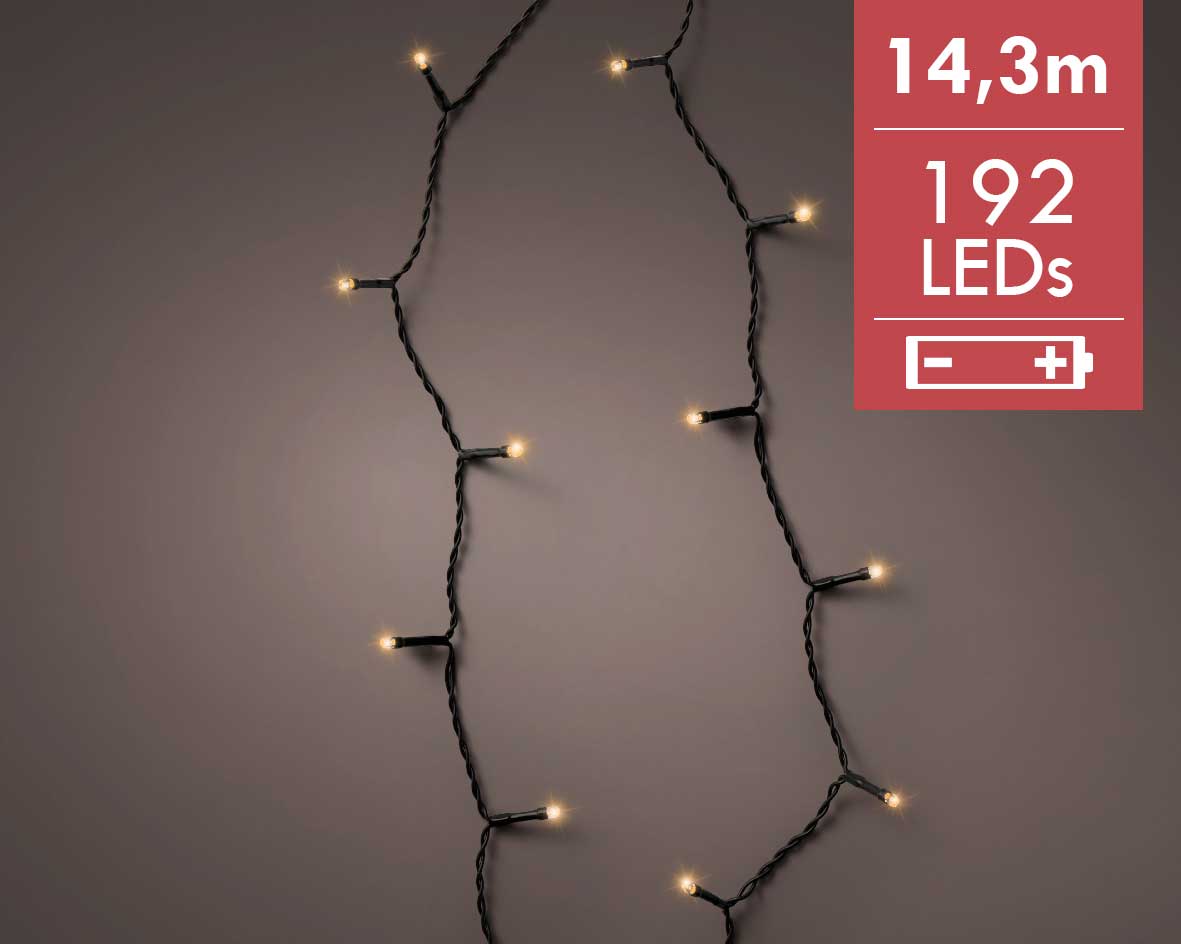 Kerstverlichting batterij LED durawise strings 14,3M -192 lampjes -div lichtstanden (extra warm wit licht) -Ook geschikt voor buiten  -lichtkleur: War