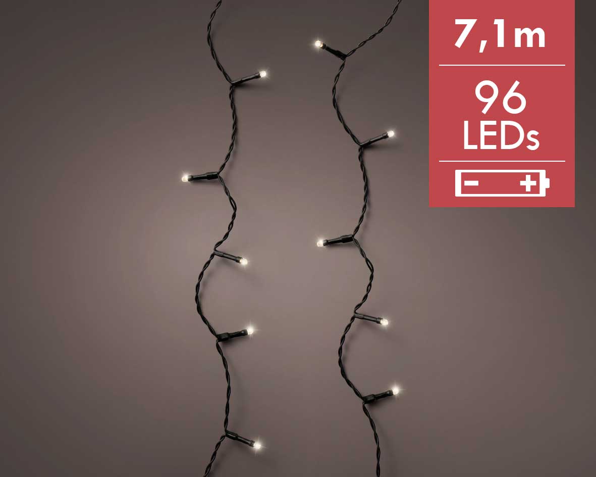 Kerstverlichting batterij LED Durawise Strings 7,1M -96 lampjes -Ook geschikt voor buiten  -lichtkleur: Warm Wit -Werkt op batterijen -Met timer funct
