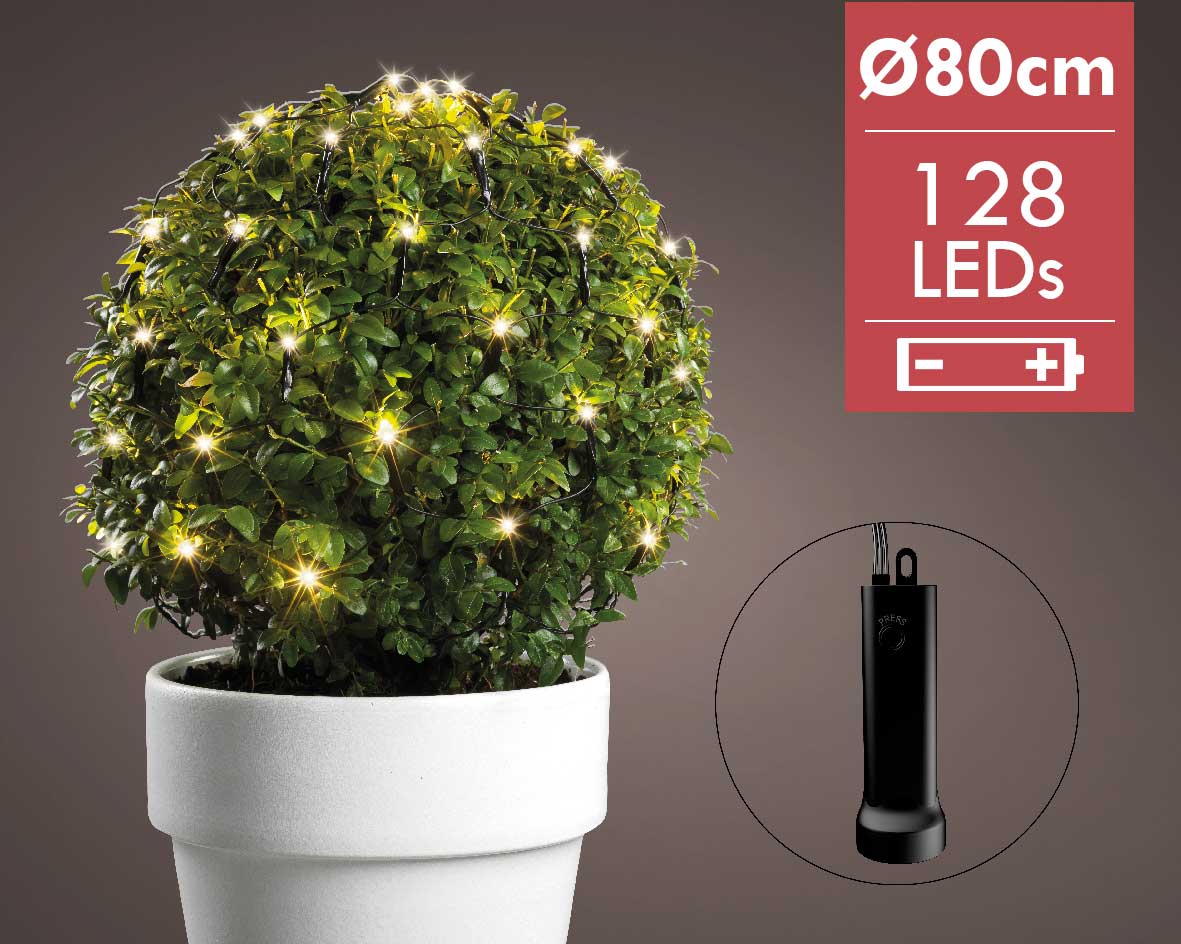 Kerstverlichting LED durawise lichtnet -div lichtstanden Ø 80cm -128 lampjes -Ook geschikt voor buiten  -lichtkleur: Warm Wit -Werkt op batterijen -Me