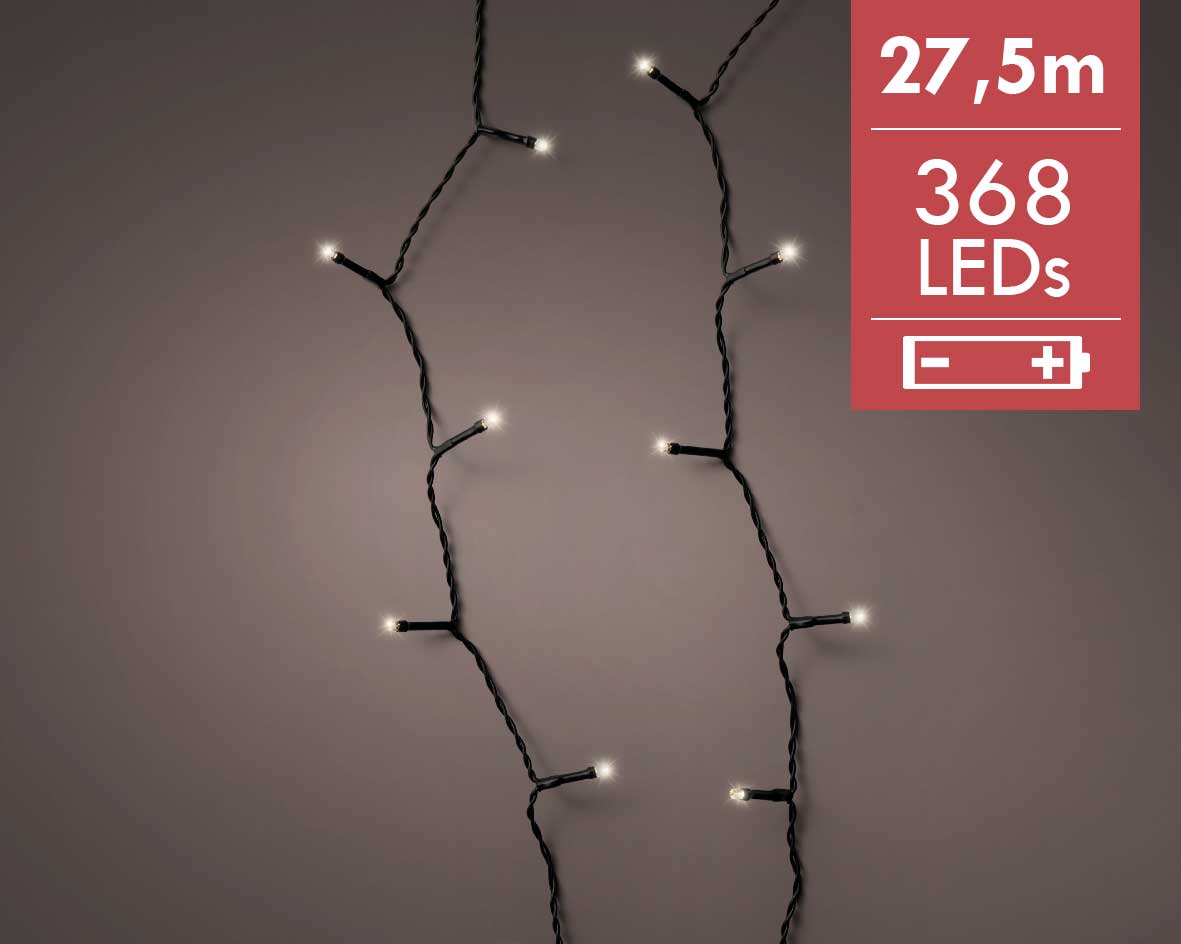 Kerstverlichting batterij LED durawise strings 27,5M -368 lampjes -div lichtstanden  -Ook geschikt voor buiten  -lichtkleur: Warm Wit -Werkt op batter