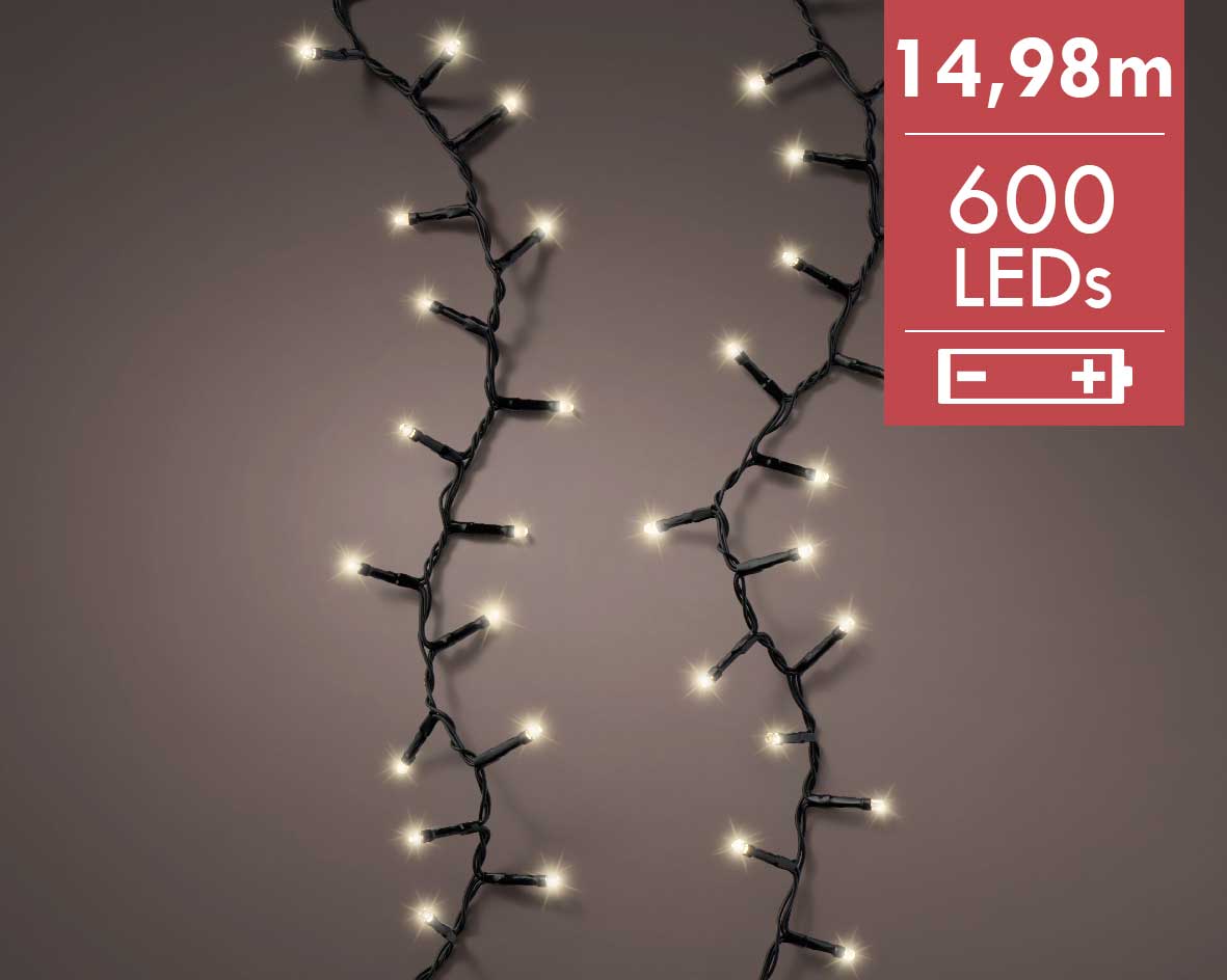 Kerstverlichting batterij LED durawise compact strings 14,98M -600 lampjes -div lichtstanden  -Ook geschikt voor buiten  -lichtkleur: Warm Wit -Werkt 