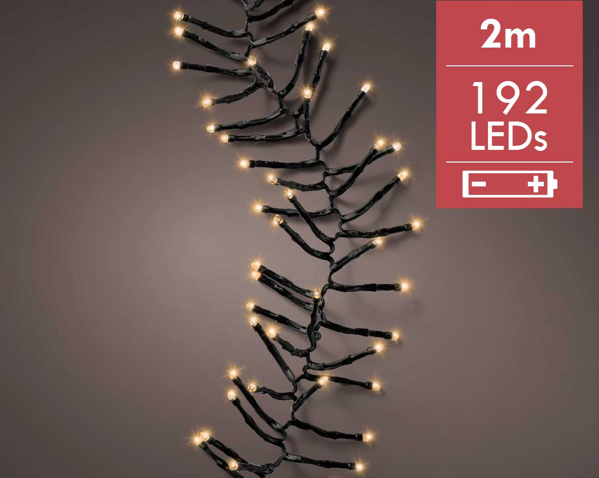 Kerstverlichting batterij LED cluster strings 2M -192 lampjes -div lichtstanden  -Ook geschikt voor buiten  -lichtkleur: Warm Wit -Werkt op batterijen