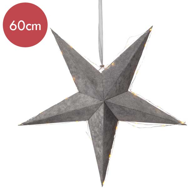 Grijze kerstster met 40 micro LED lampjes op batterijen -60cm -lichtkleur: Warm Wit -Werkt op batterijen -Met timer functie -Kerstdecoratie