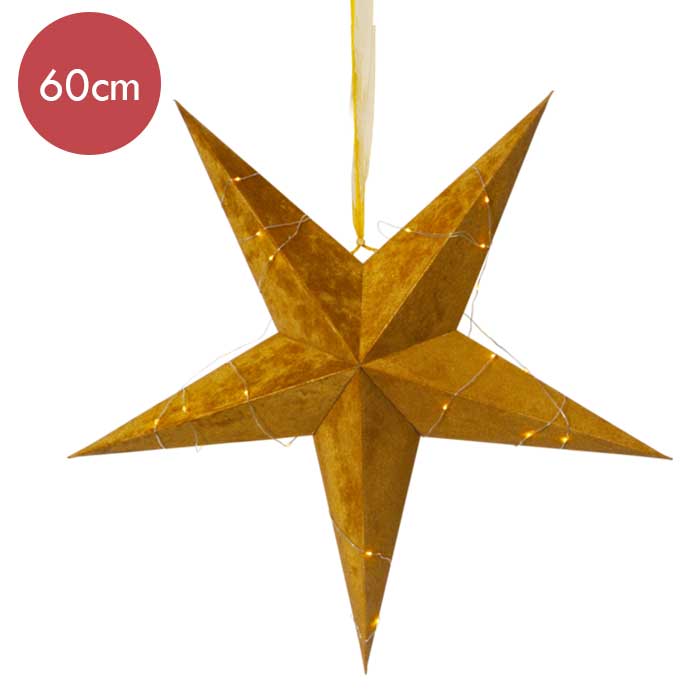 Fluwelen kerstster goud met lampjes -lichtkleur: Warm Wit -Werkt op batterijen -Met timer functie -Kerstdecoratie