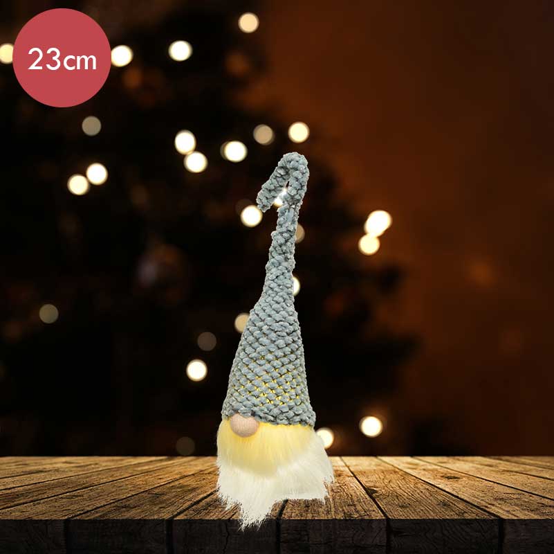 Gnoom hoofd blauw met LED verlichting 23CM  -lichtkleur: Warm Wit -Werkt op batterijen -Met timer functie -Kerstdecoratie