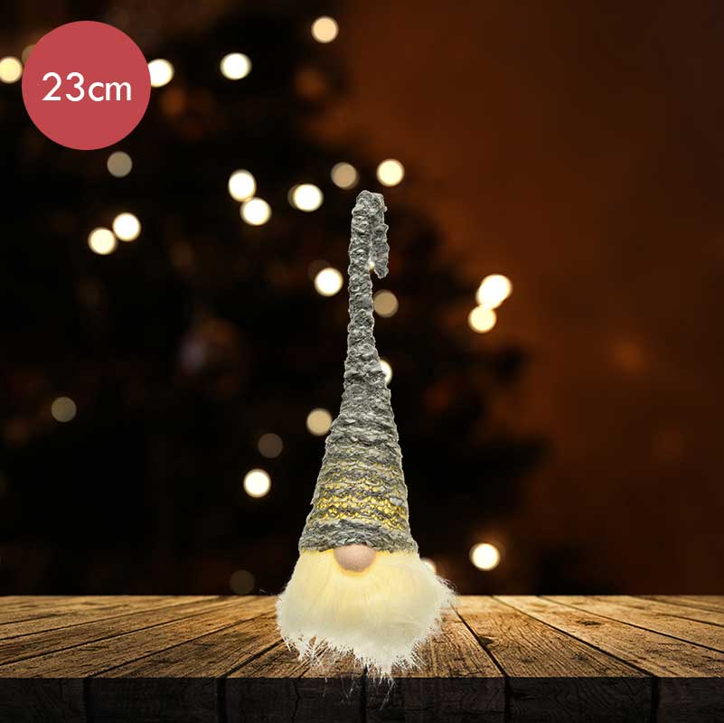 Gnoom hoofd grijs met LED verlichting 23CM  -lichtkleur: Warm Wit -Werkt op batterijen -Met timer functie -Kerstdecoratie