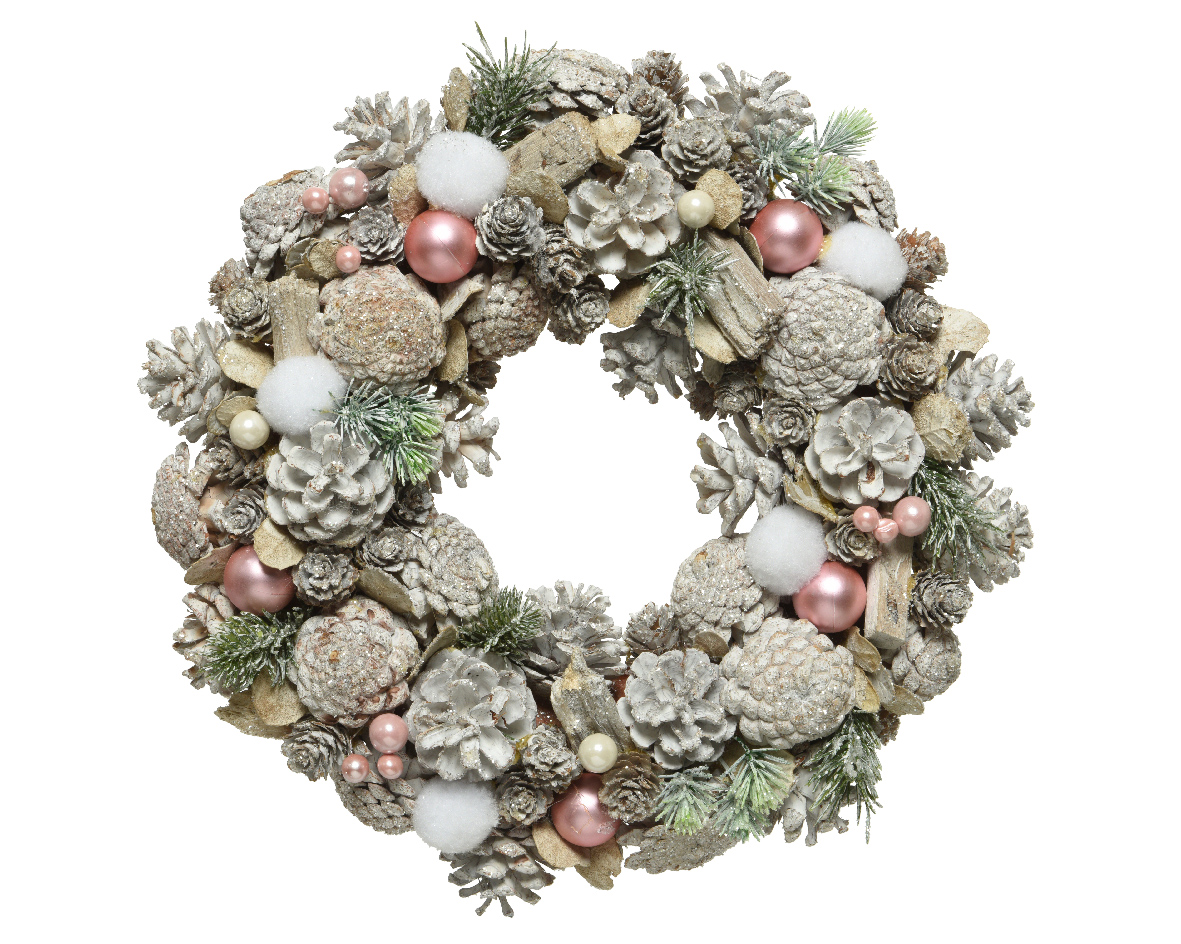 Decoratieve kerstkrans wit roze - Ø 34CM