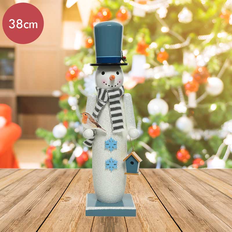 Houten sneeuwpop met vogel -38CM --Kerstdecoratie
