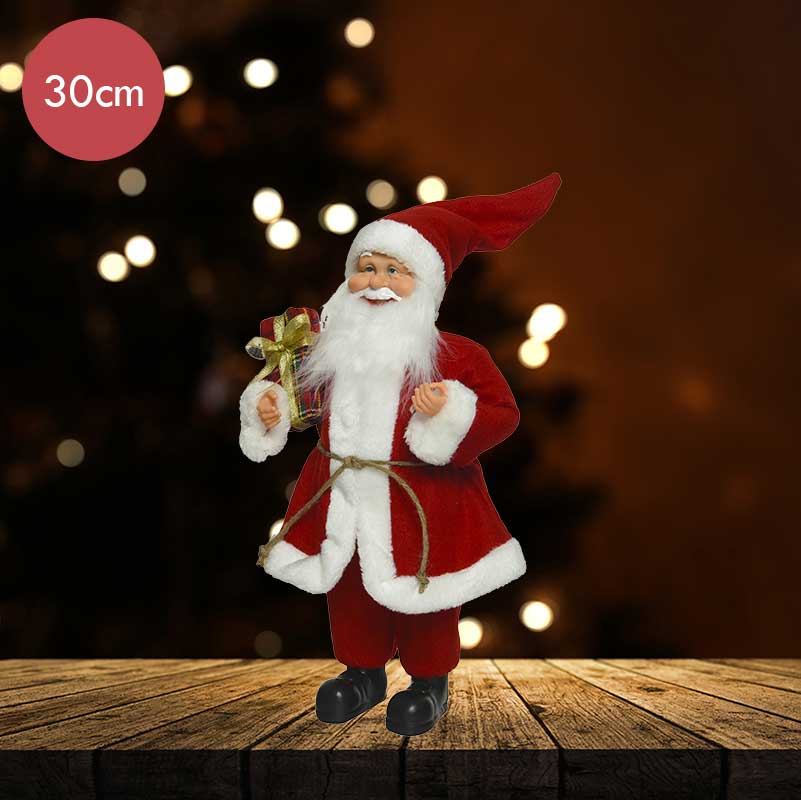 Polyester kerstman met cadeau -30CM --Kerstdecoratie