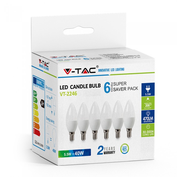 E14 Kaars LED Lamp -Extra Warm Wit (2700K) -5.5 Watt, vervangt 40W Halogeen -V-Tac