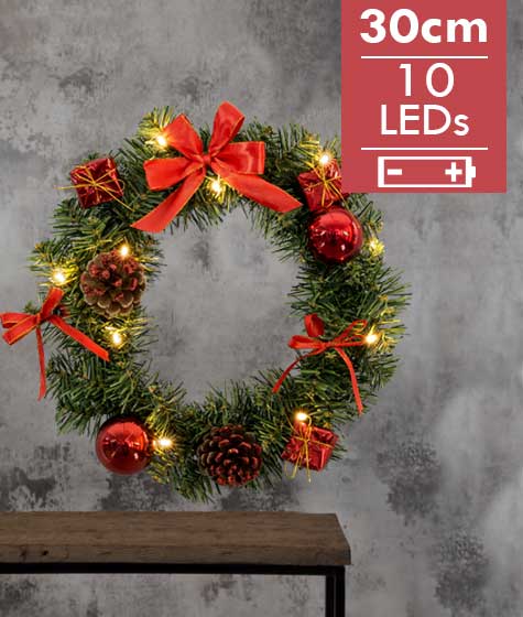 Mini kerstkrans verlicht Rood 30cm -lichtkleur: Warm Wit -Werkt op batterijen -Met timer functie -Kerstdecoratie
