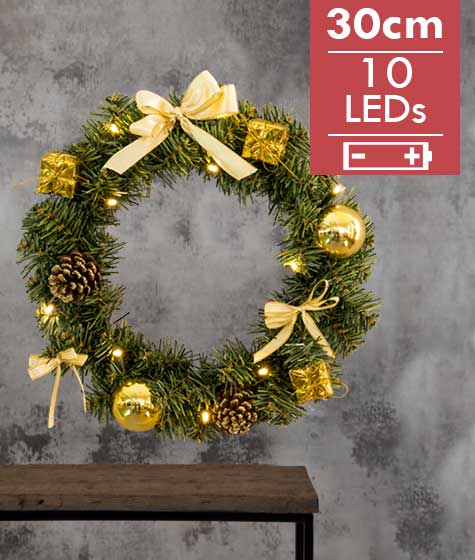 Mini kerstkrans verlicht Goud 30cm -lichtkleur: Warm Wit -Werkt op batterijen -Met timer functie -Kerstdecoratie