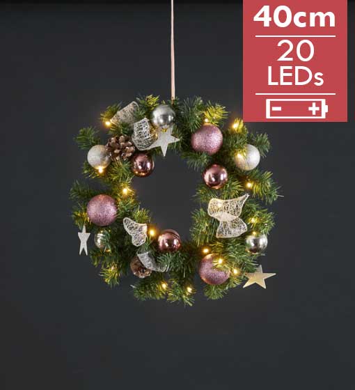 Luxe midi kerstkrans verlicht Roze 40cm -lichtkleur: Warm Wit -Werkt op batterijen -Met timer functie -Kerstdecoratie
