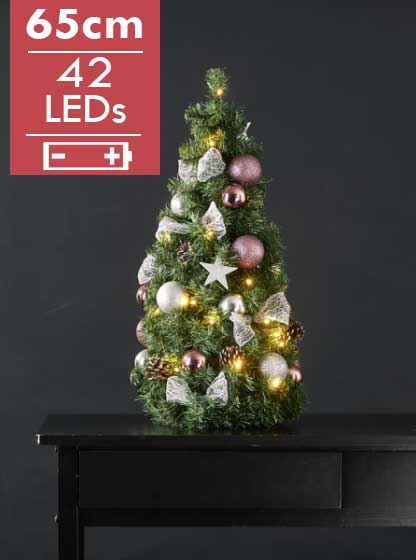 Mini versierde Kerstboom Noel 65cm -lichtkleur: Warm Wit -Werkt op batterijen -Met timer functie -Kerstdecoratie