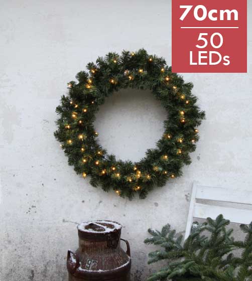 Verlichte Kerstkrans Ottawa 70cm -Ook geschikt voor buiten -lichtkleur: Warm Wit -met stekker -Kerst