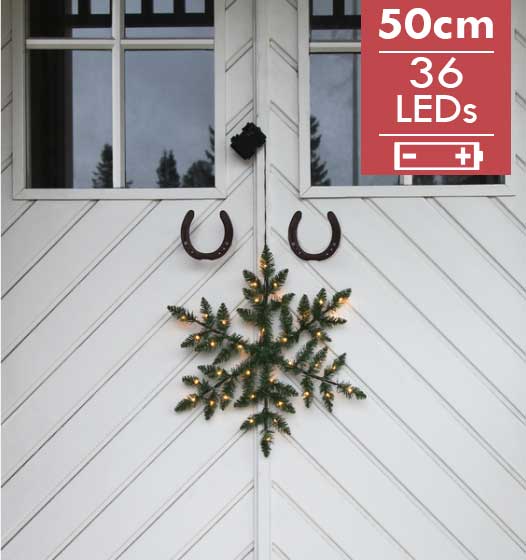 Krans Snowvlok -50cm -Ook geschikt voor buiten -lichtkleur: Warm Wit -Werkt op batterijen -Met timer functie -Kerstdecoratie