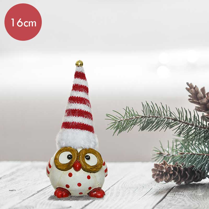 Terracotta uil met gestreepte muts -16CM --Kerstdecoratie
