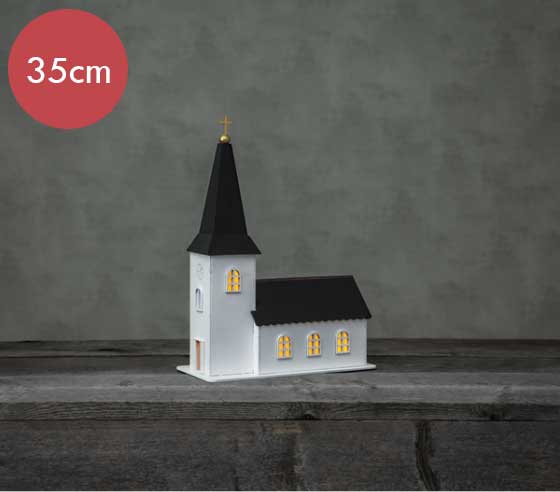 Tafeldecoratie Kerkje Churchill 35cm -lichtkleur: Warm Wit -Werkt op batterijen -Met timer functie -Kerstdecoratie