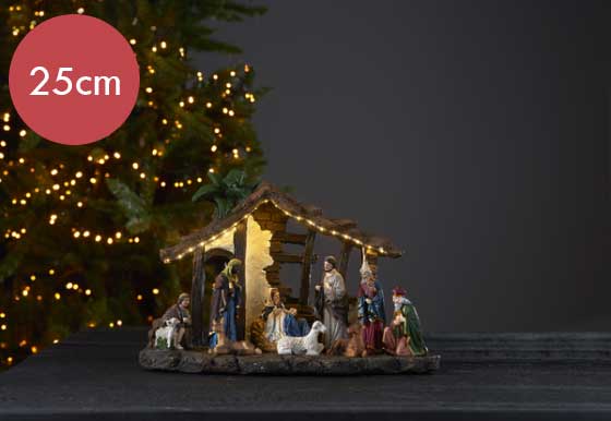 Kerststal verlicht 25cm -klassiek -lichtkleur: Warm Wit -Werkt op batterijen -Met timer functie -Kerstdecoratie
