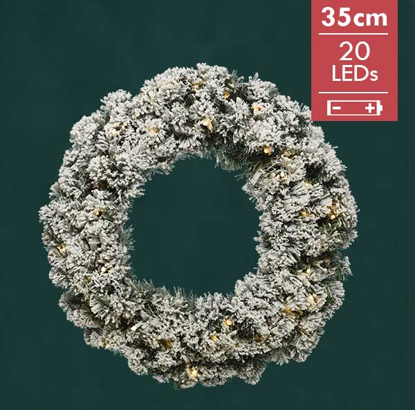 Kerstkrans / Deurkrans 35CM met LED verlichting en sneeuweffect -20 lampjes -lichtkleur: Warm Wit -Werkt op batterijen -Met timer functie -Kerstdecora