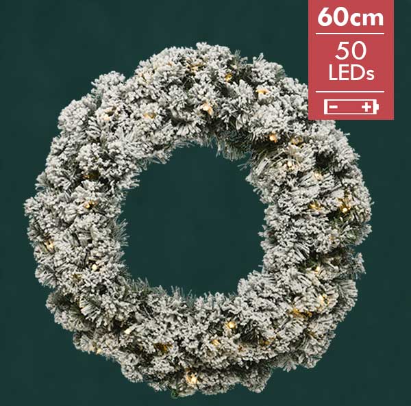 Kerstkrans / Deurkrans 60CM met LED verlichting en sneeuweffect -50 lampjes -lichtkleur: Warm Wit -Werkt op batterijen -Met timer functie -Kerstdecora