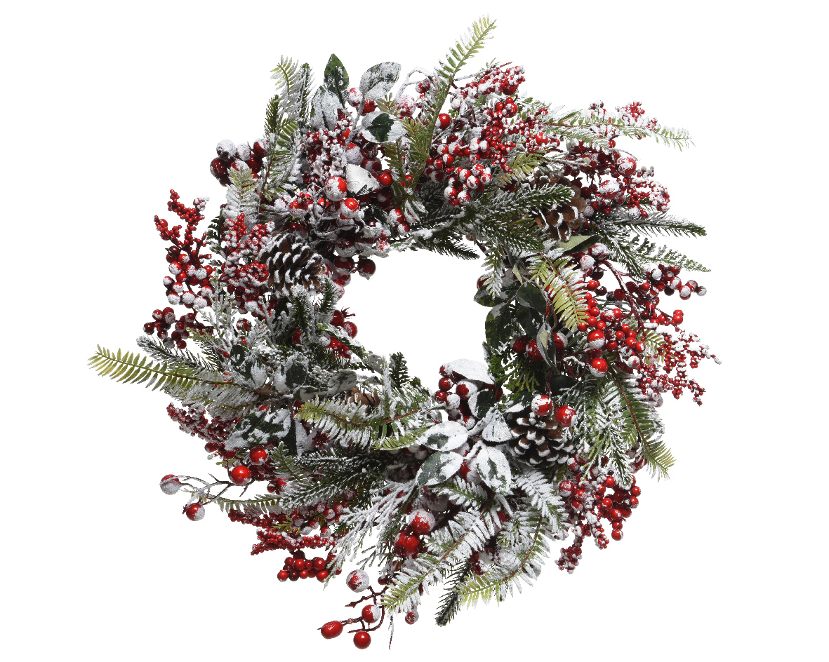 Decoratieve kerstkrans met sneeuw en rode besjes - Ø 40CM Decoratieve kerstkrans met sneeuw en rode besjes - Ø 40CM