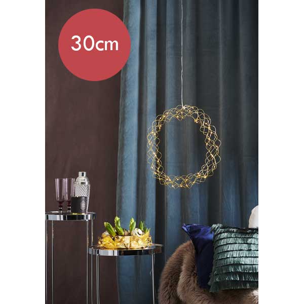 Bronzen kerstkrans / deurkrans met 30 LED lampjes -30cm  -lichtkleur: Warm Wit -met stekker -Kerstdecoratie
