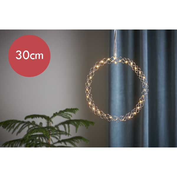 Chromen kerstkrans / deurkrans met 30 LED lampjes -30cm -lichtkleur: Warm Wit -Werkt op batterijen -Met timer functie -Kerstdecoratie