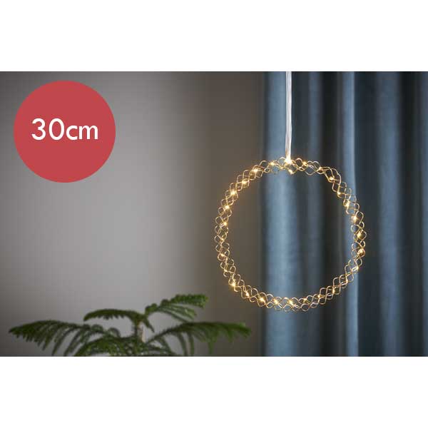 Bronzen kerstkrans / deurkrans met 30 LED lampjes -30cm -lichtkleur: Warm Wit -Werkt op batterijen -Met timer functie -Kerstdecoratie