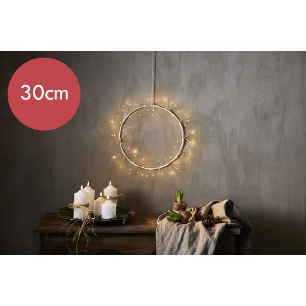 Witte kerstkrans / deurkrans met 108 LED lampjes -30cm  -lichtkleur: Warm Wit -met stekker -Kerstdecoratie