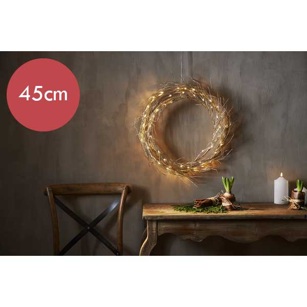Gouden kerstkrans / deurkrans met 50 LED lampjes -45cm  -lichtkleur: Warm Wit -met stekker -Kerstdecoratie