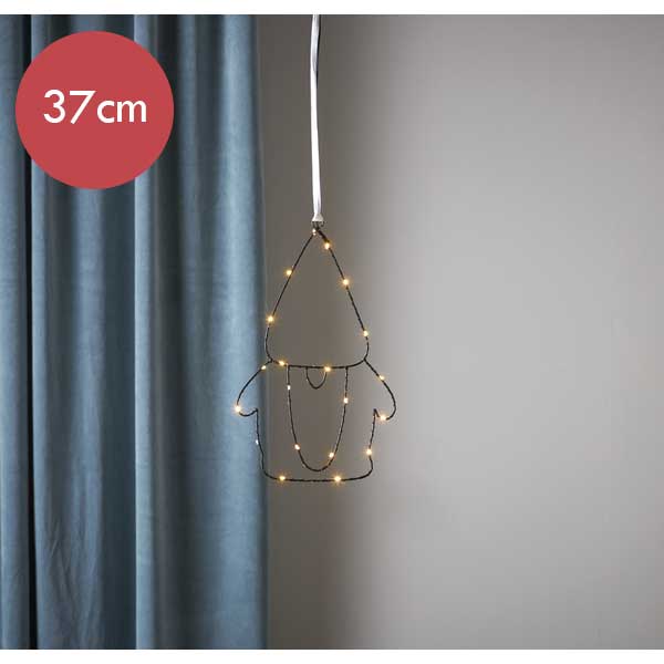 Zwarte kerstkabouter met 20 LED lampjes -37cm -lichtkleur: Warm Wit -Werkt op batterijen -Met timer functie -Kerstdecoratie