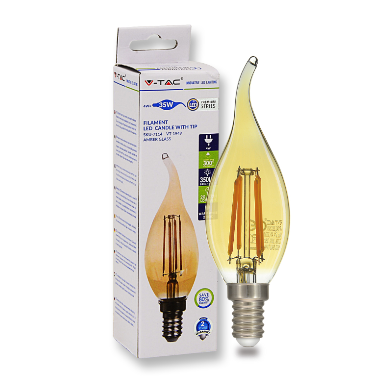E14 Kaars LED Lamp -Super Warm Wit (< 2200K) -4 Watt, vervangt 35W Halogeen -V-Tac