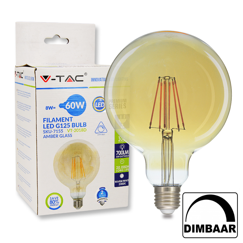 Dimbare E27 Bol XXL LED Lamp -Super Warm Wit (< 2200K) -8 Watt, vervangt 60W Halogeen -V-Tac
