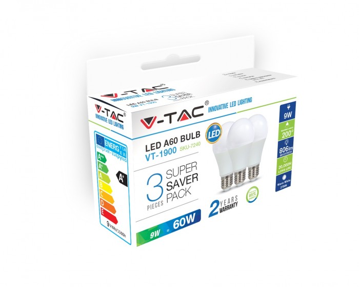 E27 Standaard LED Lamp -Extra Warm Wit (2700K) -9 Watt, vervangt 60W Halogeen -V-Tac