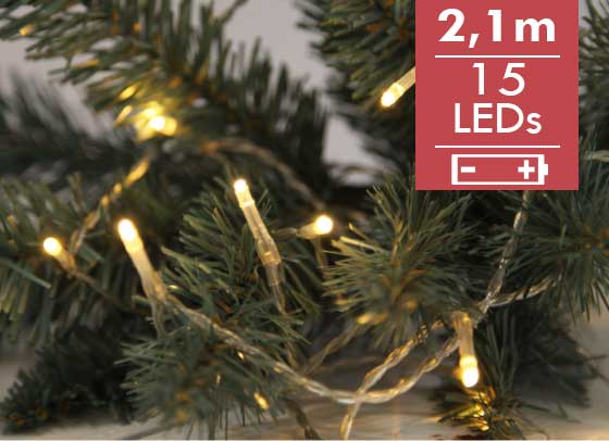 Kerstverlichting op batterij -210cm -15leds -lichtkleur: Warm Wit -Werkt op batterijen -Met timer functie -Kerstdecoratie
