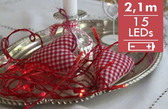 Kerstverlichting rood op batterij -210cm -15leds -Werkt op batterijen -Met timer functie -Kerstdecoratie
