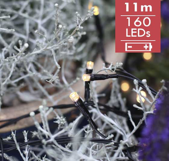 Buitenkerstverlichting LED -11m -160leds -Ook geschikt voor buiten -lichtkleur: Warm Wit -Werkt op batterijen -Met timer functie -Kerstdecoratie
