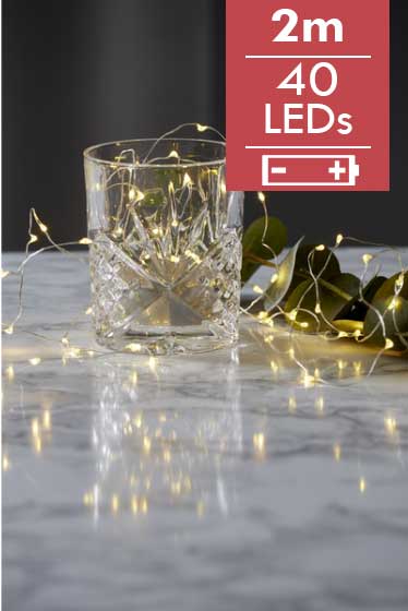 Dauwdruppel Original- 200cm -40 leds -lichtkleur: Warm Wit -Werkt op batterijen -Met timer functie -Kerstdecoratie