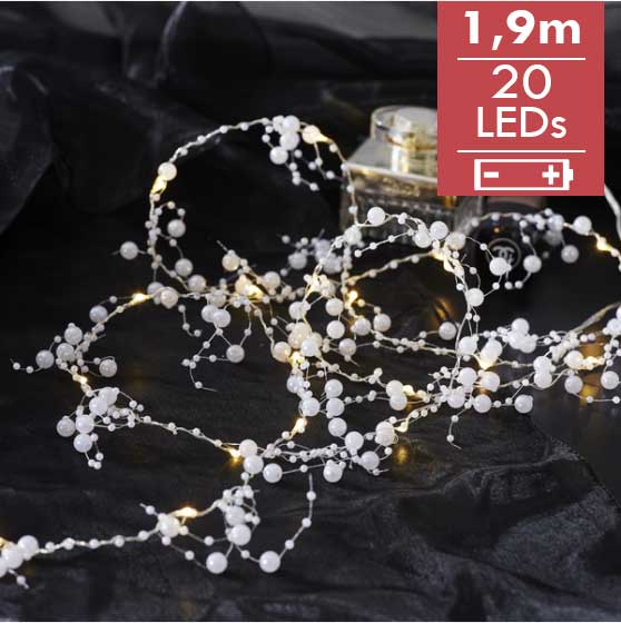 Dauwdruppel Witte Parels- 190cm -20 leds -lichtkleur: Warm Wit -Werkt op batterijen -Met timer functie -Kerstdecoratie
