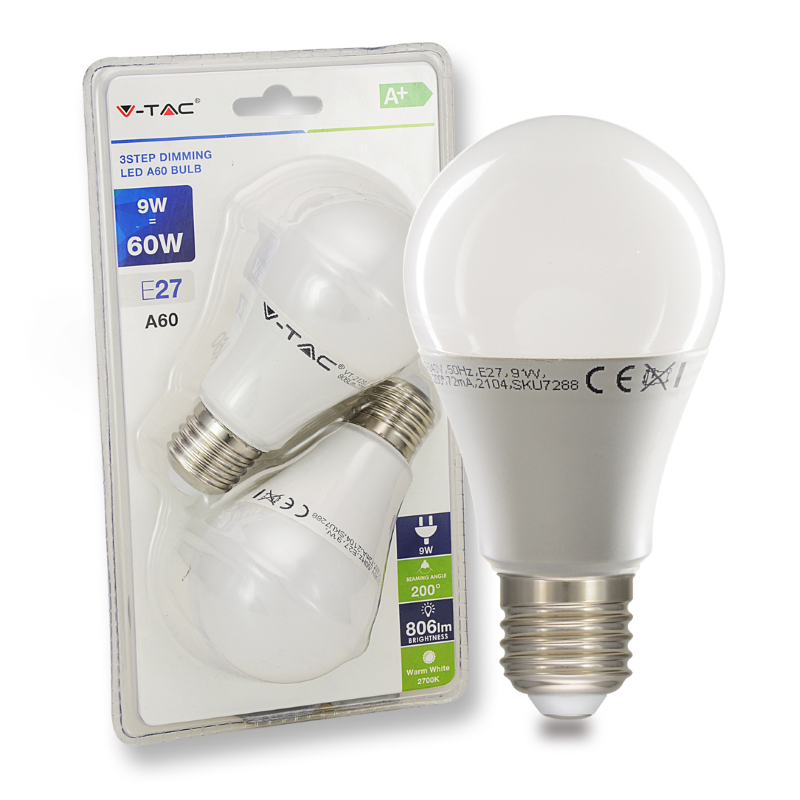 Dimbare E27 Standaard LED Lamp -Extra Warm Wit (2700K) -9 Watt, vervangt 60W Halogeen -V-Tac