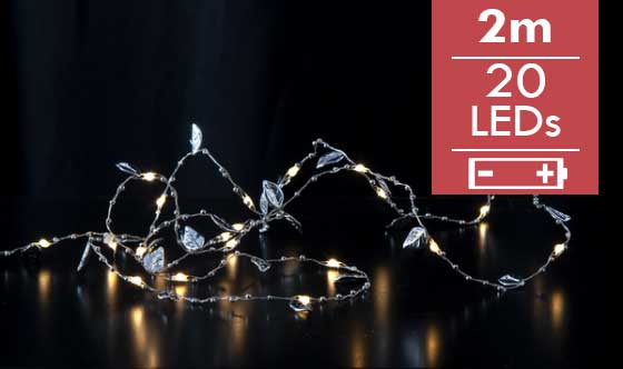 Dauwdruppel Blad- 200cm -20 leds -lichtkleur: Warm Wit -Werkt op batterijen -Met timer functie -Kerstdecoratie
